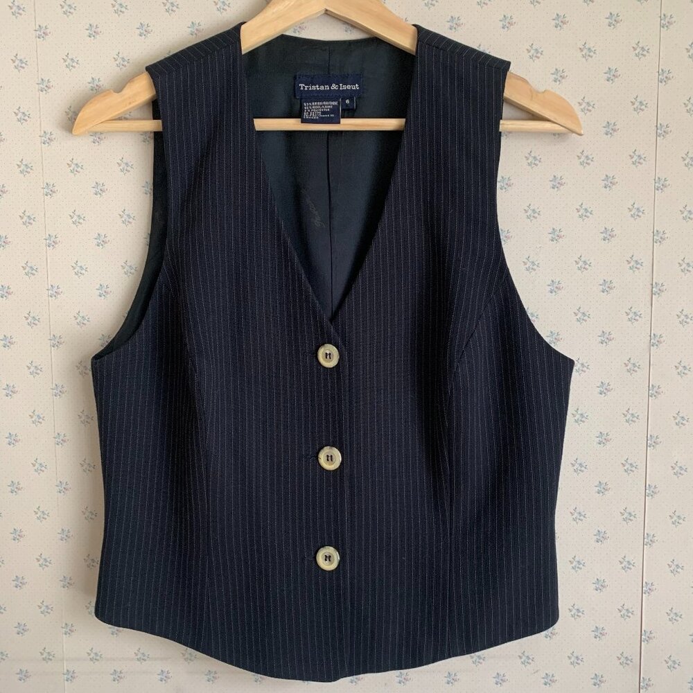 Vintage Tristan & Iseut Navy Pinstripe Waistcoat Size 6 EUC